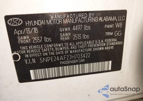 2018 Hyundai Sonata Se z USA, uszkodzony, nr VIN 5NPE24AF2JH703422